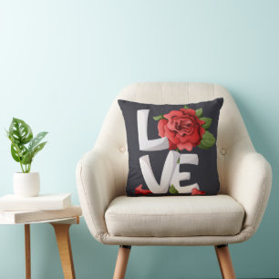 Cojín Decorativo Tipografía de Amor de Rosa Roja Romántica Oscura B