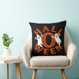 Cojín Decorativo Tipografía de fantasmas naranjas de Halloween