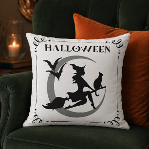 Cojín Decorativo Tipografía de Halloween de Bruja Voladora Mágica