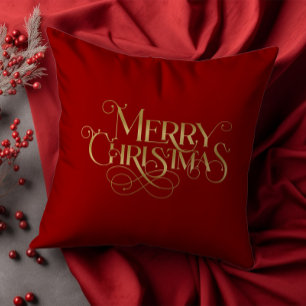 Cojín Decorativo Tipografía de oro de Feliz Navidad Retro en rojo