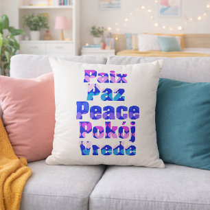 Cojín Decorativo Tipografía de Paz Multilingüe con Corazones Pastel