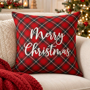 Cojín Decorativo Tipografía del guión rojo de plaid navideño rojo