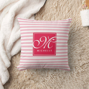 Cojín Decorativo Tiras rosadas calientes y bebes - Monograma manusc