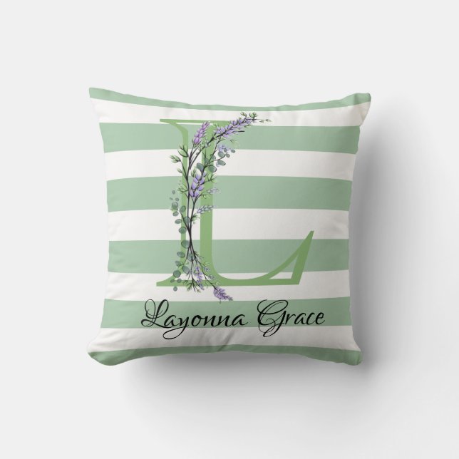 Cojín Decorativo Tiras verdes blandas monograma lavanda verde veget (Anverso)