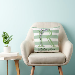 Cojín Decorativo Tiras verdes suaves monograma lavanda verde