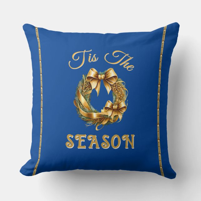 Cojín Decorativo "Tis The Season" Blue Gold Wreathe (Anverso)