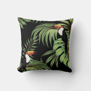Cojín Decorativo Tocan tropical vintage, hojas de palmera, costurer