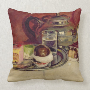 Cojín Decorativo Todavía vida con tortas y una tetera de la plata