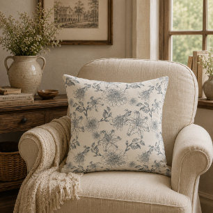 Cojín Decorativo Toile Botánico de Pájaros Francés Antiguo Rústico 