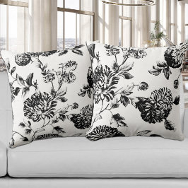 Cojín Decorativo Toile Botánico Floral Blanco Negro Vintage