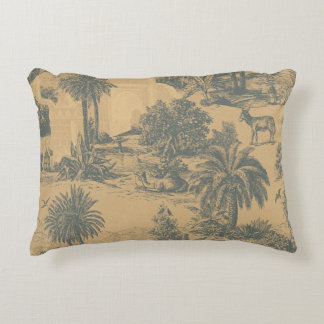 Cojín Decorativo Toile de Camello Azul Pizarra Dorado Vintage Marro