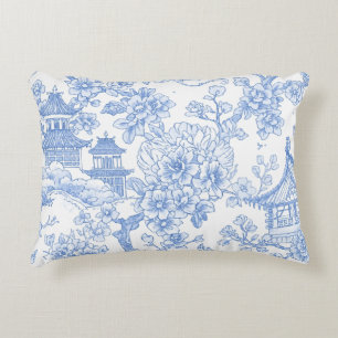 Cojín Decorativo Toile de Chinoiserie Azul Dragón Flor de Cerezo