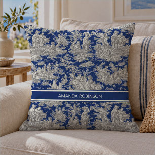 Cojín Decorativo Toile de Jouy azul oscuro vintage francés