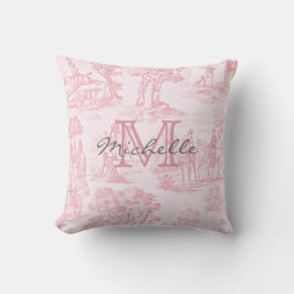 Cojín Decorativo Toile de Jouy francés rosa con monograma de inicia