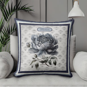 Cojín Decorativo Toile de Jouy Monograma Azul Vintage Chinoiserie