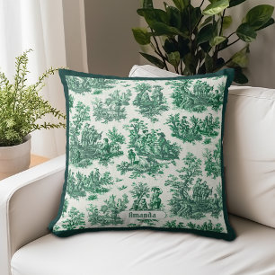 Cojín Decorativo Toile de Jouy monograma verde floral vintage