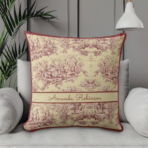 Cojín Decorativo Toile de Jouy Monograma Vintage Amarillo Rojo Lago