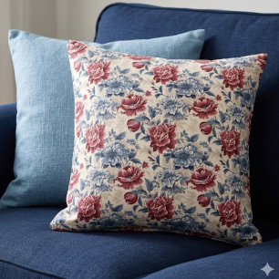 Cojín Decorativo Toile de Jouy. Toile francesa. Rosas azules y roja