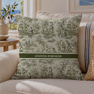 Cojín Decorativo Toile de Jouy verde gris vintage francés