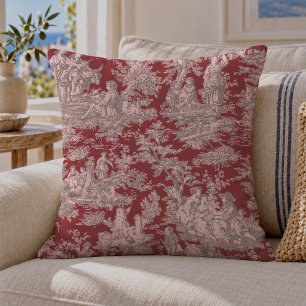 Cojín Decorativo Toile de Jouy Vintage Rojo Rosa Francés