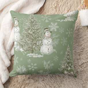 Cojín Decorativo Toile de Navidad de Muñeco de Nieve Verde Salvia V