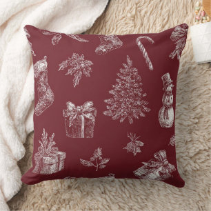 Cojín Decorativo Toile de Navidad Vintage Rojo Carmesí Blanco Fiest