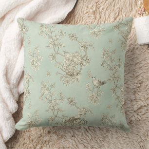 Cojín Decorativo Toile de Verde Menta Francés País con Pájaros y Fl