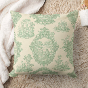 Cojín Decorativo Toile de Verde Menta Vintage Parejas y Escena de J