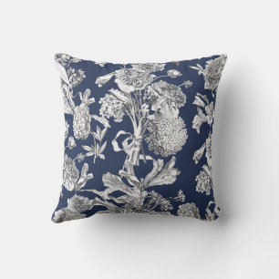 Cojín Decorativo Toile floral, blanco sobre fondo naval