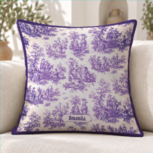 Cojín Decorativo Toile Floral Monograma Francés Vintage Púrpura