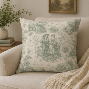 Cojín Decorativo Toile romántico del campo francés en verde salvia
