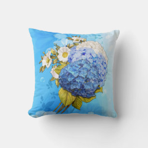 Cojín Decorativo Tonalidades de hortensias acuarela azul