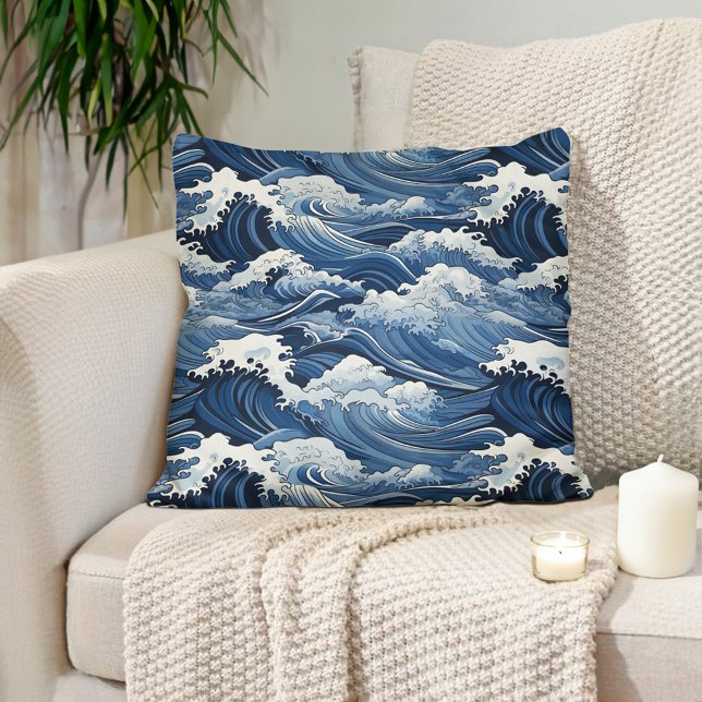 Cojín Decorativo Tonos azules de las olas japonesas (Blue and white Japanese waves pillows
)