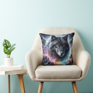 Cojín Decorativo Tormenta de relámpagos del lobo negro, vida silves