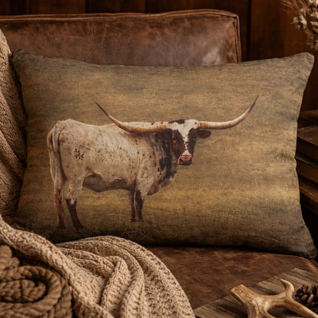 Cojín Decorativo Toro Longhorn Texano Rústico  (Rustic Longhorn Cow Vintage Accent Pillow)