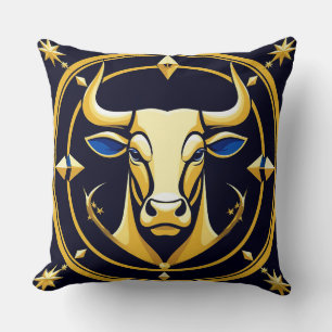Cojín Decorativo Toro Tauro Dorado en Círculo Zodiacal Cósmico