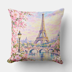 Cojín Decorativo Torre Eiffel acuarela París floral rosa francés