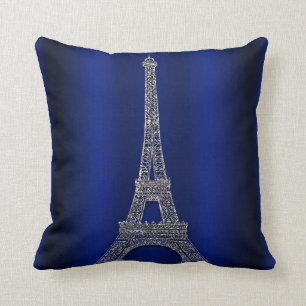 Cojín Decorativo Torre Eiffel Azul Real y Plateado Glamour Moderno 