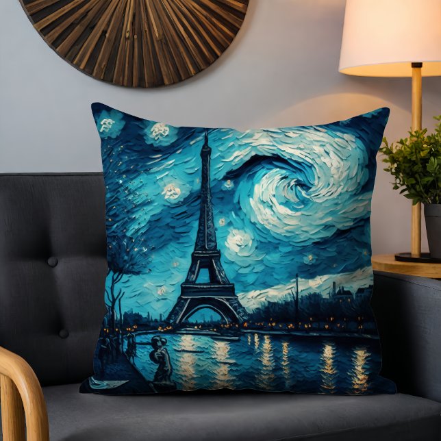 Cojín Decorativo Torre Eiffel de París Pintada Noche Starry Azul (Subido por el creador)