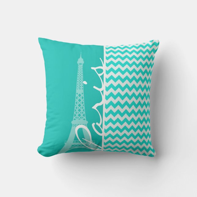 Cojín Decorativo Torre Eiffel en Aqua Color Chevron (Anverso)