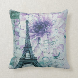 Cojín Decorativo torre Eiffel floral púrpura de París del vintage