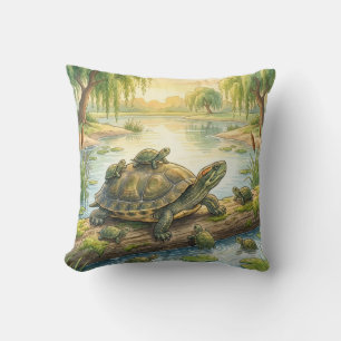 Cojín Decorativo Tortuga Adorable y Crías Animales de Río y Lago 