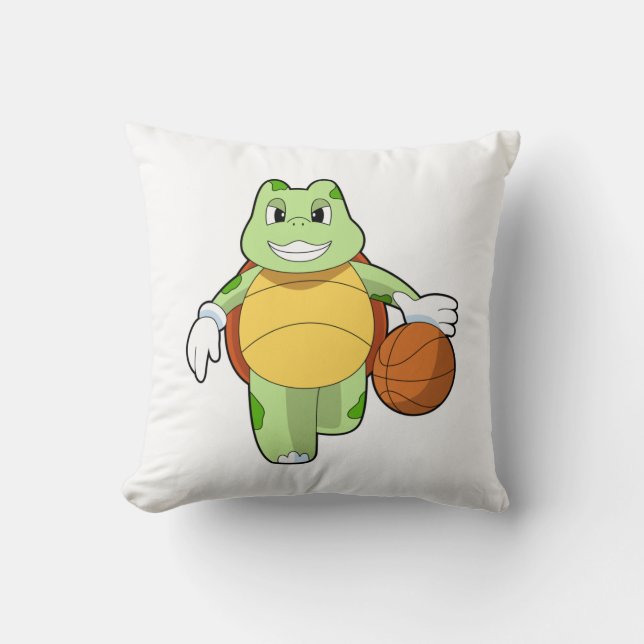 Cojín Decorativo Tortuga como jugador de baloncesto con baloncesto. (Anverso)