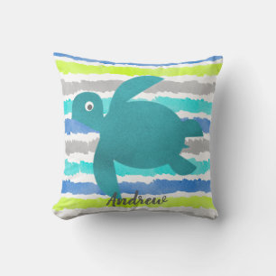 Cojín Decorativo Tortuga De Mar De Acuarela Ola De Shibori Y Rayas