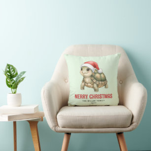 Cojín Decorativo Tortuga de Navidad con sombrero de Santa en acuare