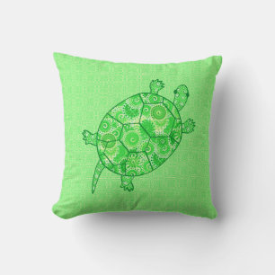 Cojín Decorativo Tortuga de remolino fractal - verde lima y esmeral