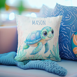 Cojín Decorativo Tortuga dulce aqua azul nombre personalizado bebé 