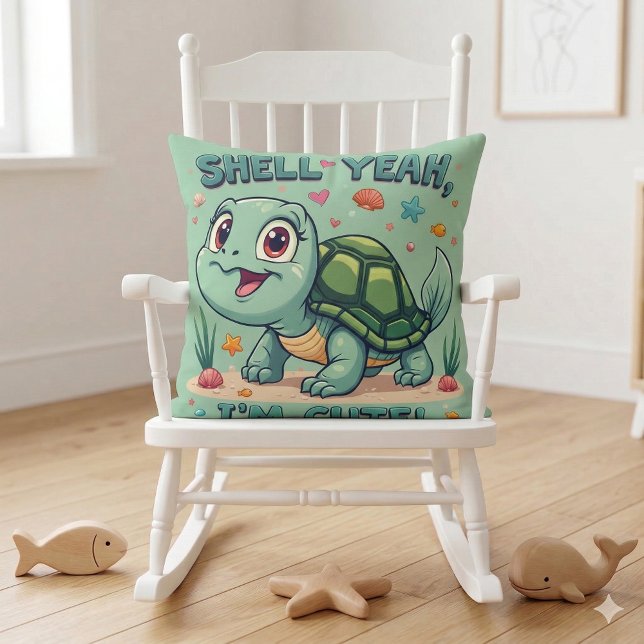 Cojín Decorativo Tortuga Kawaii Adorable con Juego de Palabras Dive (Cute Kawaii Turtle with Funny Pun Ocean Aesthetic Throw Pillow Mockup A)