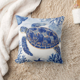 Cojín Decorativo Tortuga marina acuarela Océano Azul