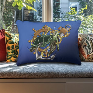 Cojín Decorativo Tortuga Marina Ancla Timón Náutico Azul